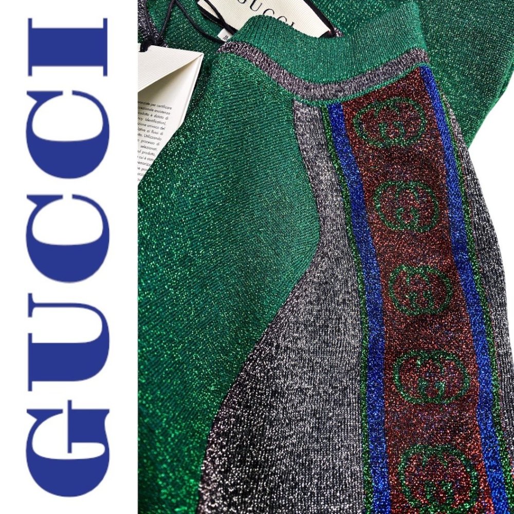 NWT GUCCI Metallic Green Short Sleeve Crew Neck Mini T-Shirt Dress, Size Small - Picture 4 of 13